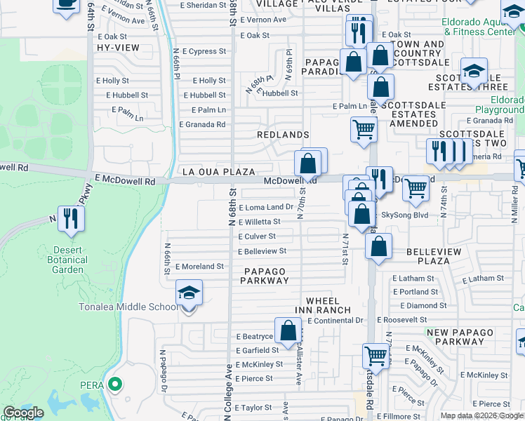map of restaurants, bars, coffee shops, grocery stores, and more near 6901 East Willetta Street in Scottsdale
