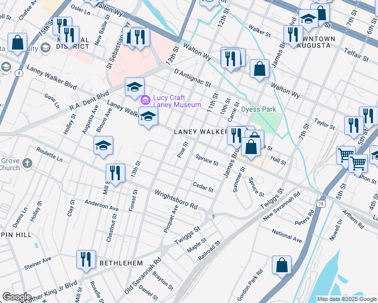 map of restaurants, bars, coffee shops, grocery stores, and more near 1225 11th Street in Augusta