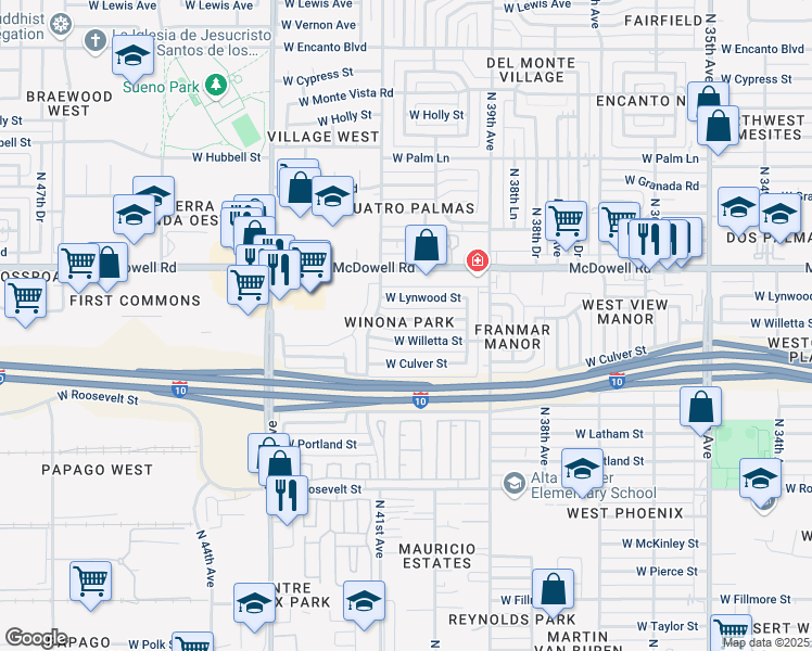 map of restaurants, bars, coffee shops, grocery stores, and more near 4003 West Willetta Street in Phoenix