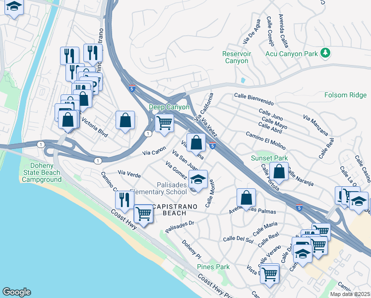 map of restaurants, bars, coffee shops, grocery stores, and more near 34305 Via Fortuna in Dana Point