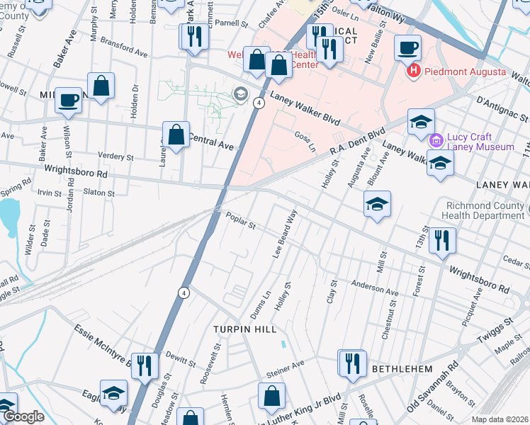 map of restaurants, bars, coffee shops, grocery stores, and more near 1433 Poplar Street in Augusta