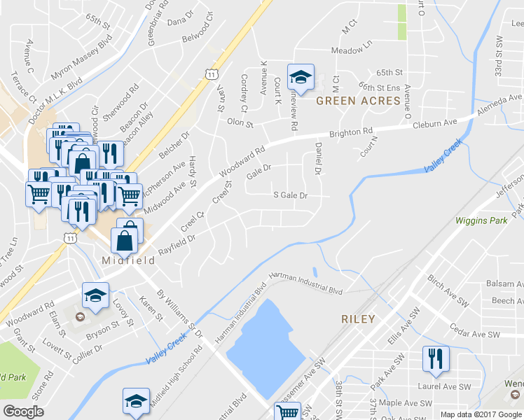 map of restaurants, bars, coffee shops, grocery stores, and more near 1229 Rayfield Drive in Birmingham