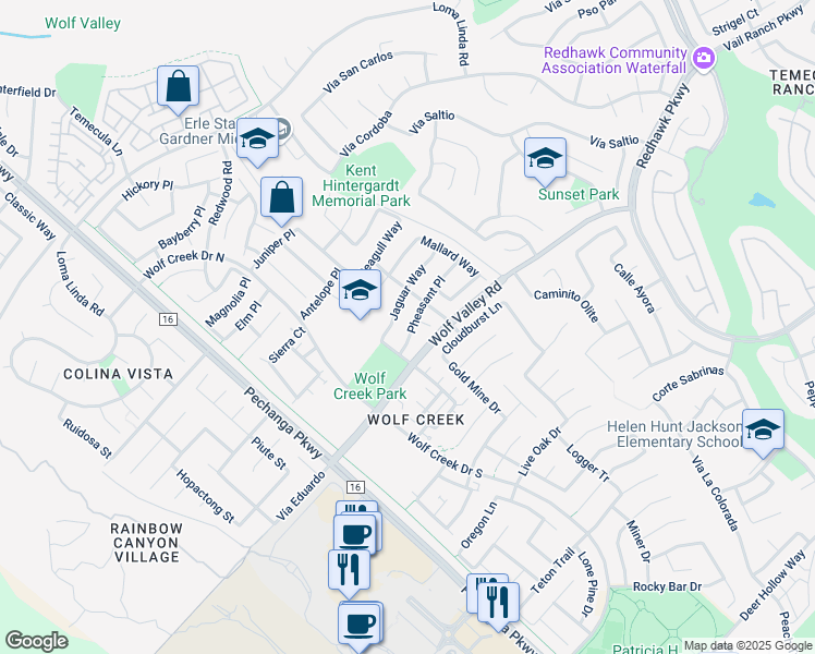 map of restaurants, bars, coffee shops, grocery stores, and more near 45723 Pheasant Place in Temecula