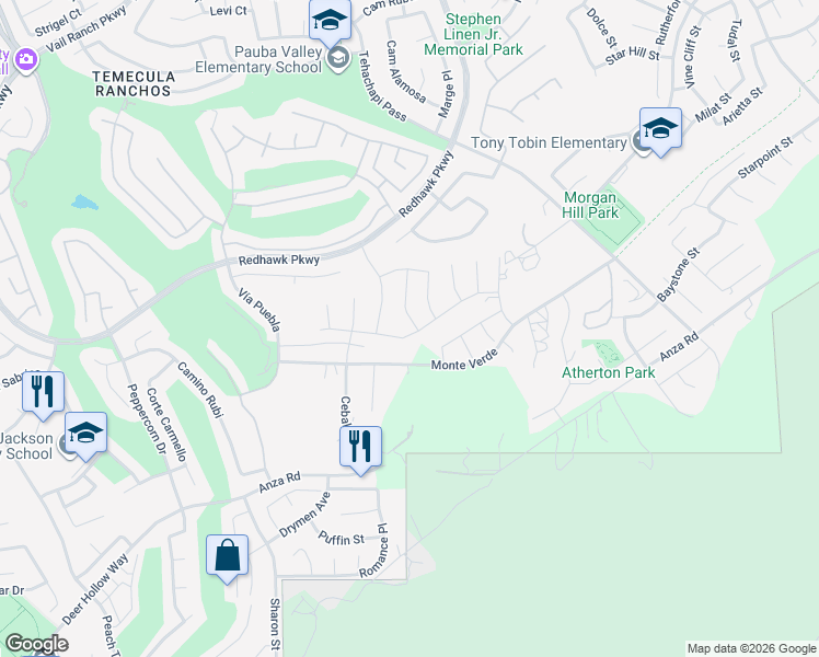 map of restaurants, bars, coffee shops, grocery stores, and more near 33294 Barmetta Lane in Temecula