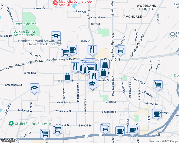 map of restaurants, bars, coffee shops, grocery stores, and more near 115 East Main Street in Starkville