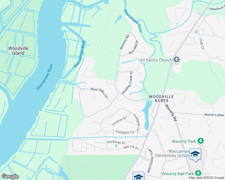 map of restaurants, bars, coffee shops, grocery stores, and more near 28 River Oaks Circle in Pawleys Island