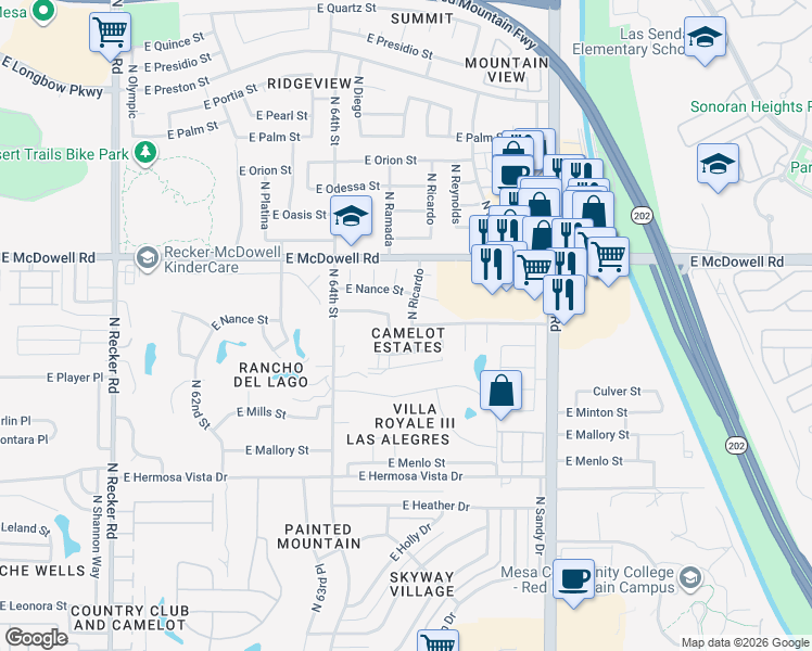 map of restaurants, bars, coffee shops, grocery stores, and more near 2627 North Ramada in Mesa