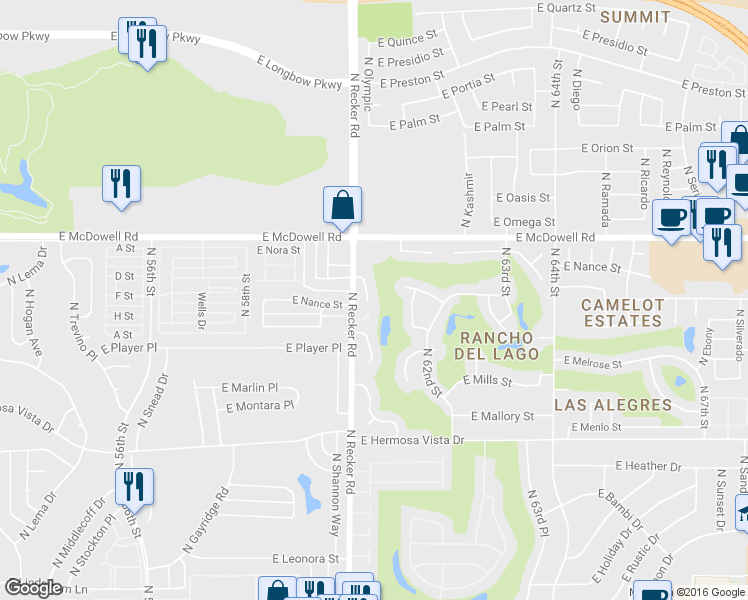 map of restaurants, bars, coffee shops, grocery stores, and more near 2609 North Doral Circle in Mesa
