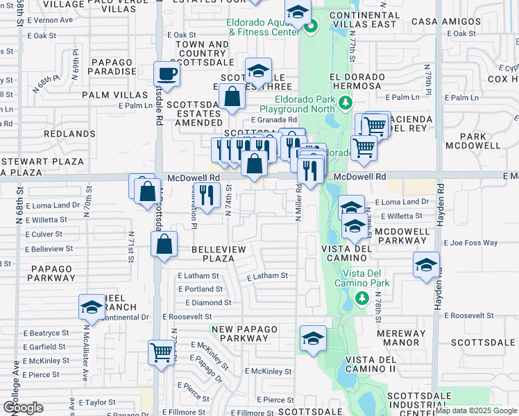 map of restaurants, bars, coffee shops, grocery stores, and more near 7511 East Culver Street in Scottsdale