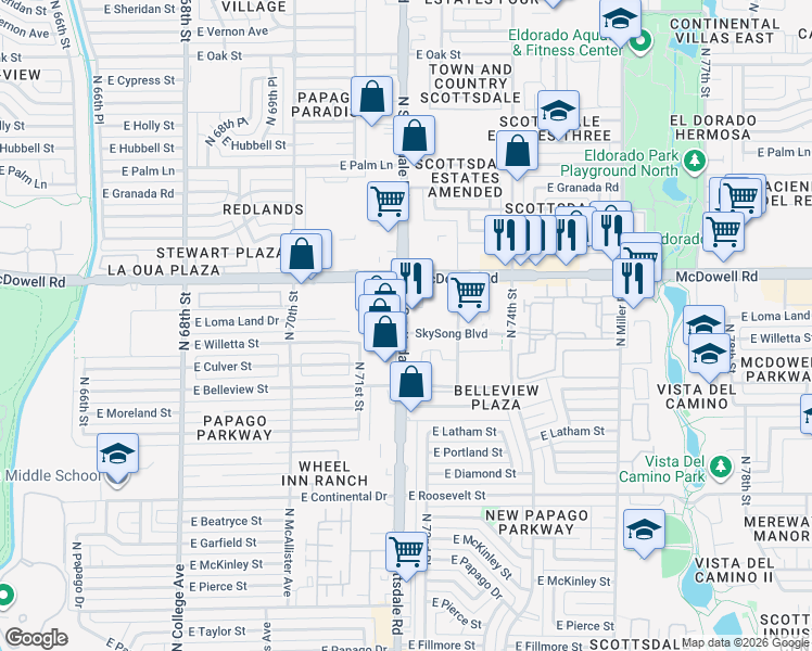 map of restaurants, bars, coffee shops, grocery stores, and more near 1355 North Scottsdale Road in Scottsdale