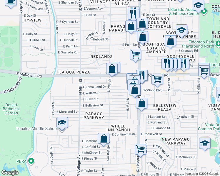 map of restaurants, bars, coffee shops, grocery stores, and more near 7013 East Willetta Street in Scottsdale