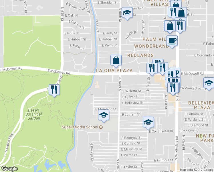 map of restaurants, bars, coffee shops, grocery stores, and more near North 67th Street in Scottsdale