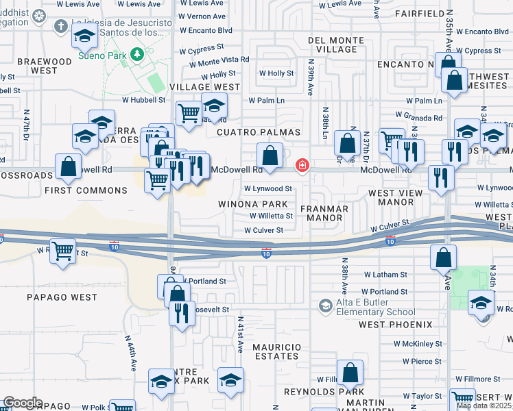 map of restaurants, bars, coffee shops, grocery stores, and more near 4003 West Willetta Street in Phoenix