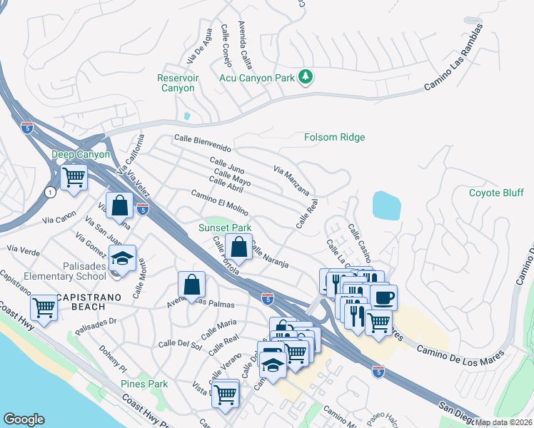 map of restaurants, bars, coffee shops, grocery stores, and more near 34366 Camino El Molino in Dana Point