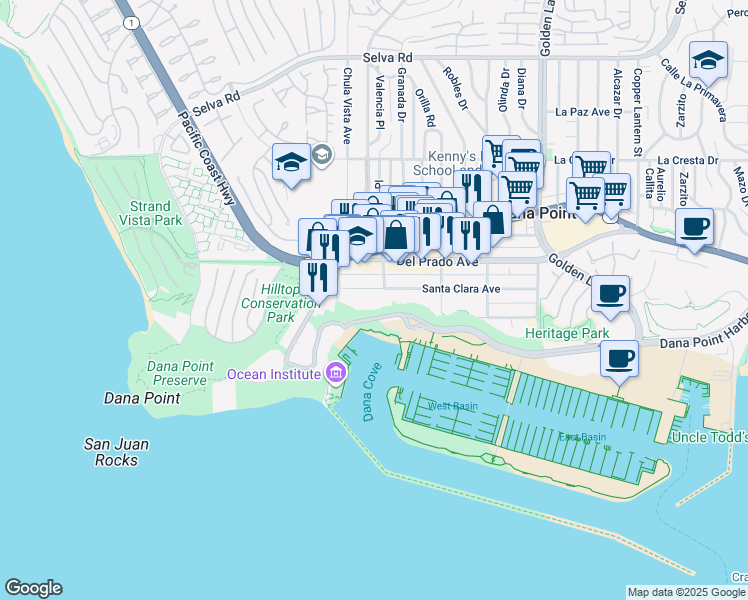 map of restaurants, bars, coffee shops, grocery stores, and more near 24332 Santa Clara Avenue in Dana Point