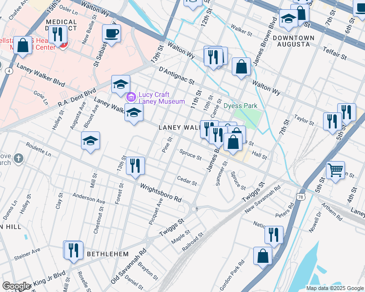 map of restaurants, bars, coffee shops, grocery stores, and more near 1222 10th Street in Augusta