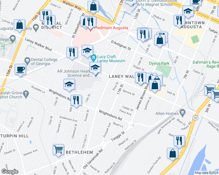 map of restaurants, bars, coffee shops, grocery stores, and more near 1248 12th Street in Augusta