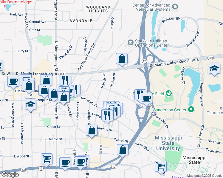 map of restaurants, bars, coffee shops, grocery stores, and more near in Starkville