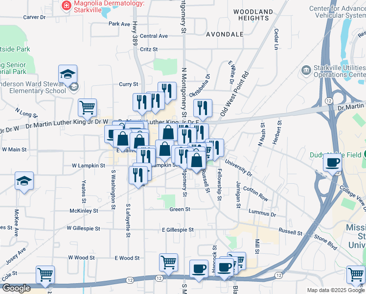 map of restaurants, bars, coffee shops, grocery stores, and more near 326 University Drive in Starkville