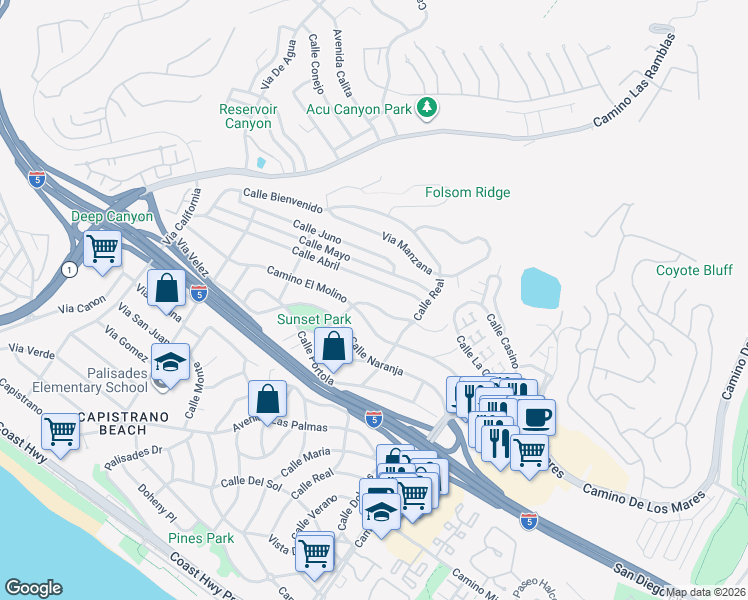 map of restaurants, bars, coffee shops, grocery stores, and more near 34366 Camino El Molino in Dana Point