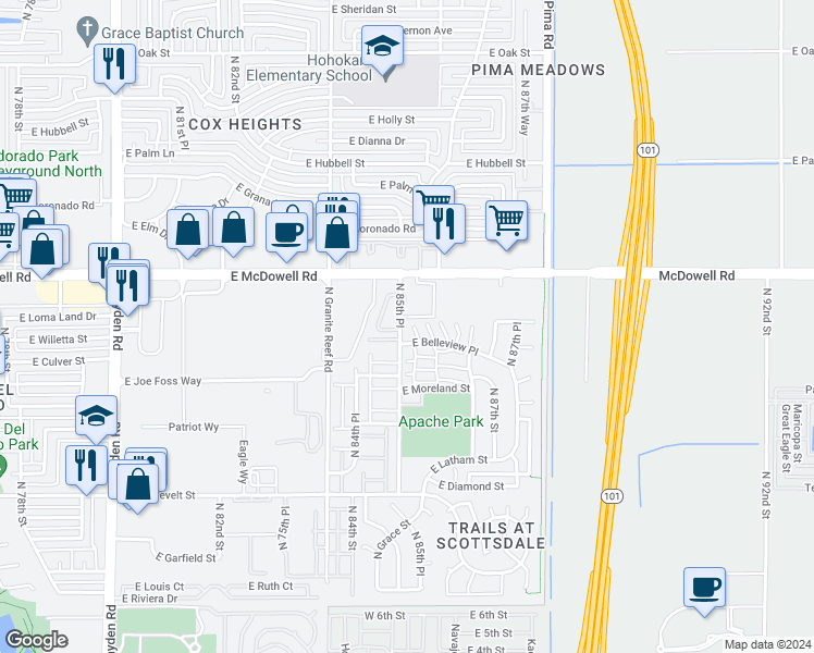 map of restaurants, bars, coffee shops, grocery stores, and more near 1425 North 85th Place in Scottsdale