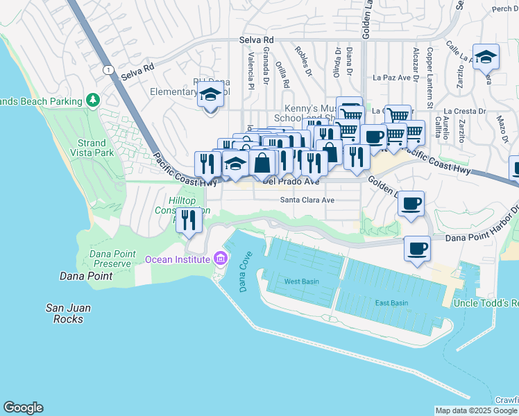 map of restaurants, bars, coffee shops, grocery stores, and more near 24366 Santa Clara Avenue in Dana Point