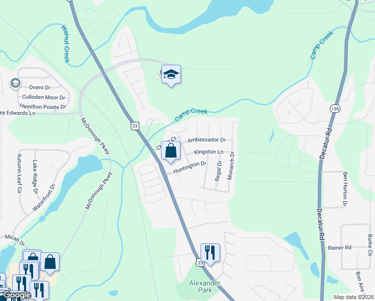 map of restaurants, bars, coffee shops, grocery stores, and more near 7040 Kingston Lane in McDonough