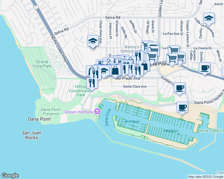 map of restaurants, bars, coffee shops, grocery stores, and more near 24352 Santa Clara Avenue in Dana Point