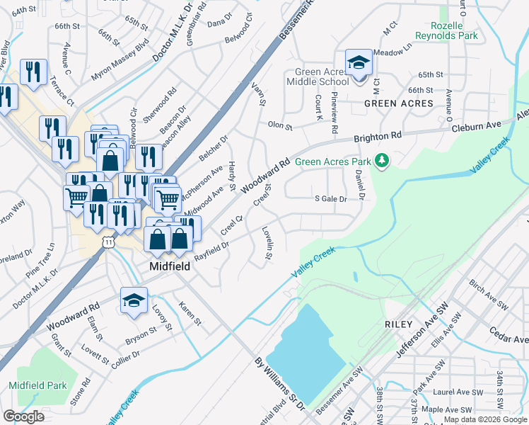 map of restaurants, bars, coffee shops, grocery stores, and more near 1309 Rayfield Drive in Birmingham