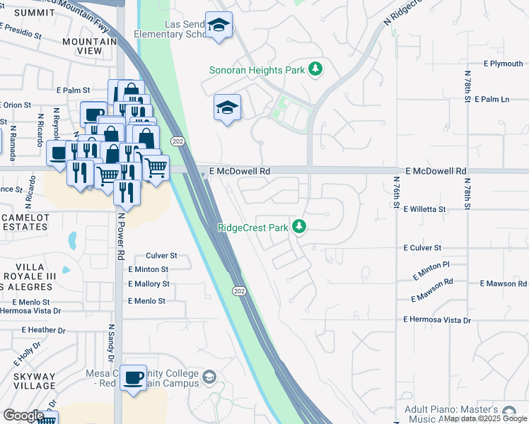 map of restaurants, bars, coffee shops, grocery stores, and more near 7218 East Northridge Street in Mesa
