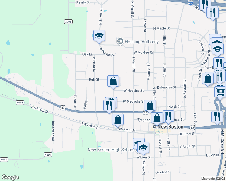 map of restaurants, bars, coffee shops, grocery stores, and more near 400 North Bowie Street in New Boston
