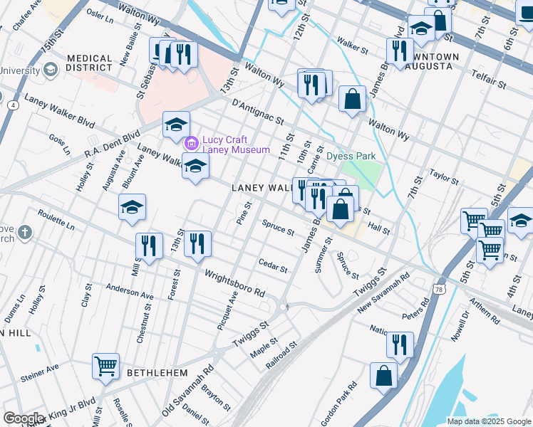 map of restaurants, bars, coffee shops, grocery stores, and more near 1016 Laney Walker Boulevard in Augusta