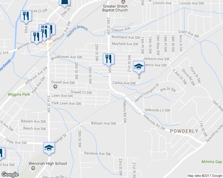 map of restaurants, bars, coffee shops, grocery stores, and more near 2000 College Avenue Southwest in Birmingham