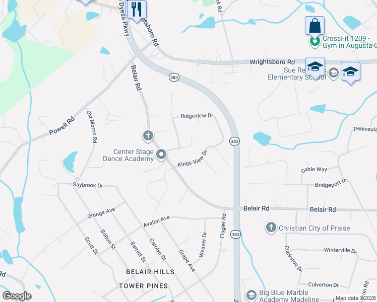 map of restaurants, bars, coffee shops, grocery stores, and more near 2907 Kings View Drive in Augusta