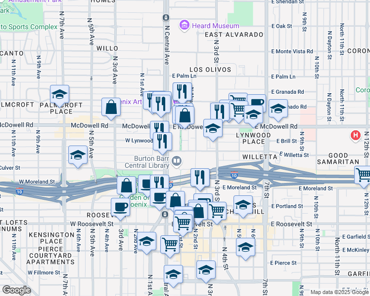 map of restaurants, bars, coffee shops, grocery stores, and more near 1310 North 2nd Street in Phoenix