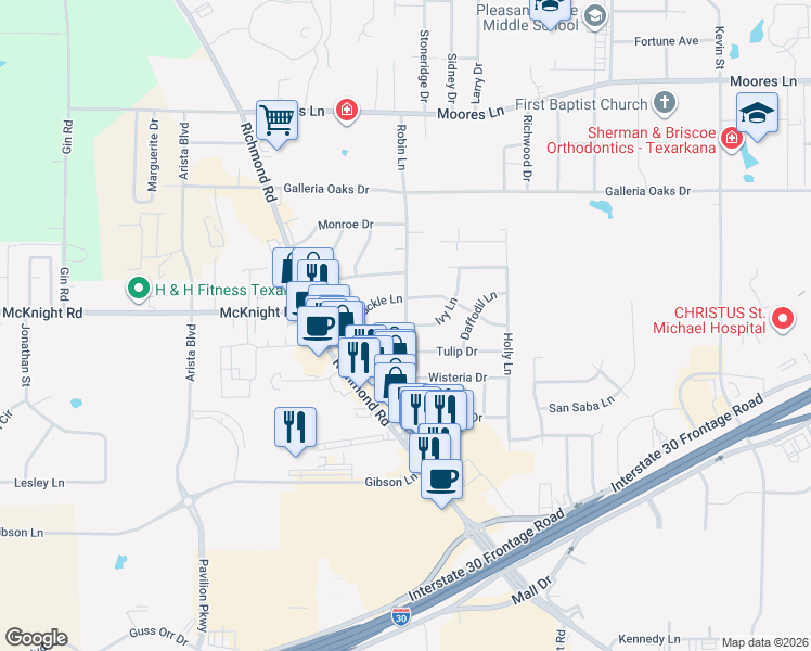 map of restaurants, bars, coffee shops, grocery stores, and more near 3117 Robin Lane in Texarkana