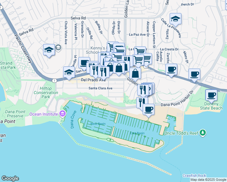 map of restaurants, bars, coffee shops, grocery stores, and more near 24642 Santa Clara Avenue in Dana Point