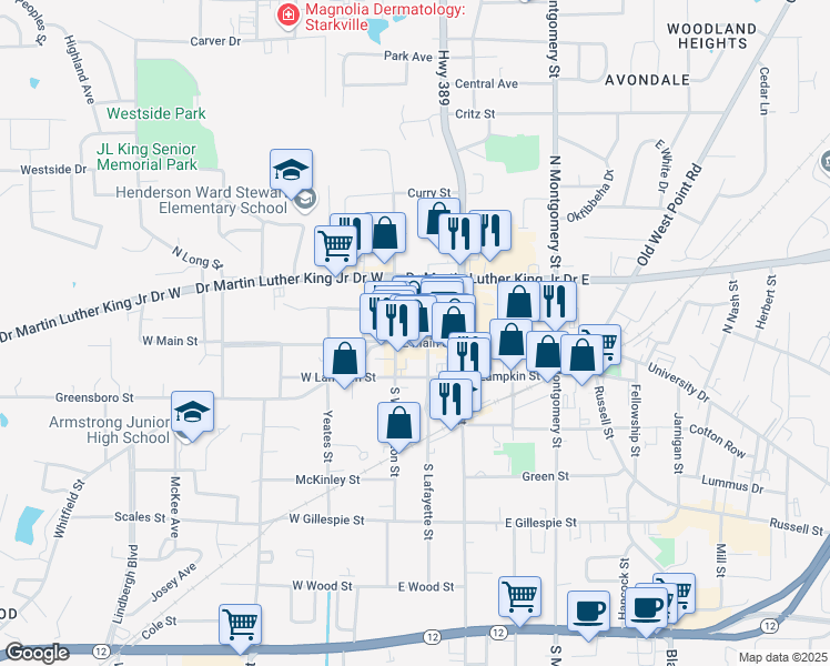 map of restaurants, bars, coffee shops, grocery stores, and more near 115 East Main Street in Starkville