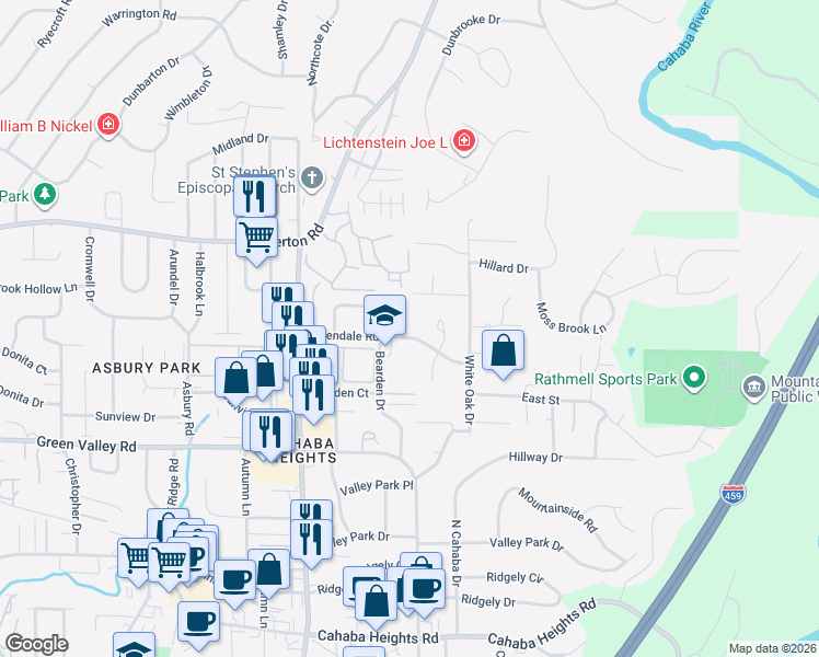 map of restaurants, bars, coffee shops, grocery stores, and more near 3891 Overton Manor Trail in Vestavia Hills