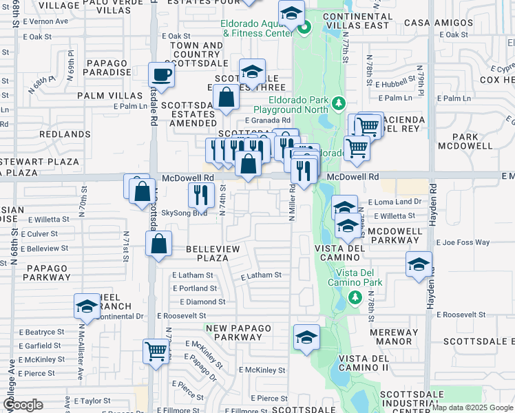 map of restaurants, bars, coffee shops, grocery stores, and more near North 75th Street in Scottsdale