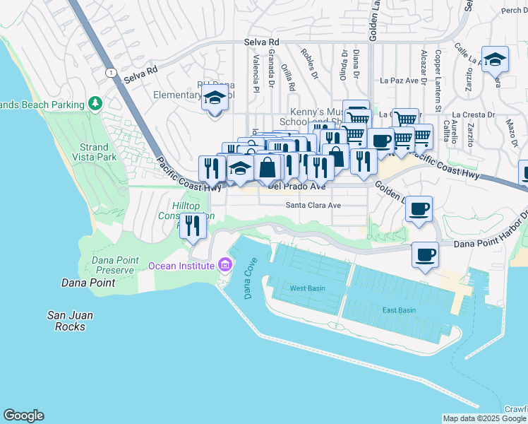 map of restaurants, bars, coffee shops, grocery stores, and more near 24366 Santa Clara Avenue in Dana Point