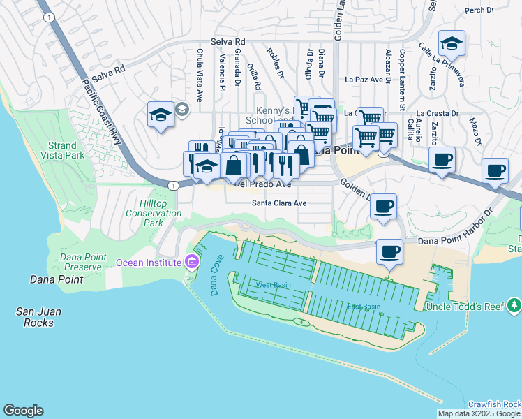 map of restaurants, bars, coffee shops, grocery stores, and more near 34311 Street of the Amber Lantern in Dana Point