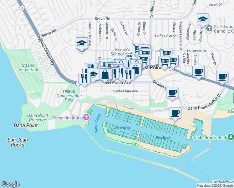 map of restaurants, bars, coffee shops, grocery stores, and more near 34311 Street of the Amber Lantern in Dana Point
