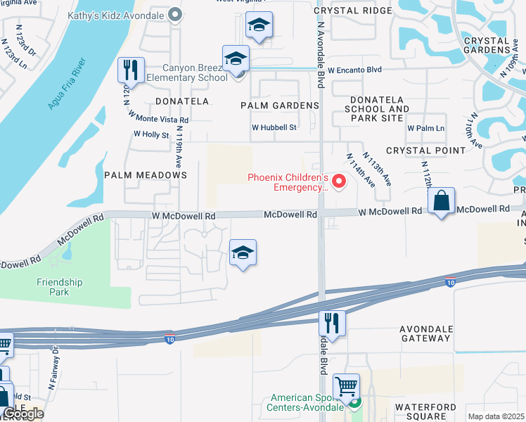 map of restaurants, bars, coffee shops, grocery stores, and more near 11650 West McDowell Road in Avondale