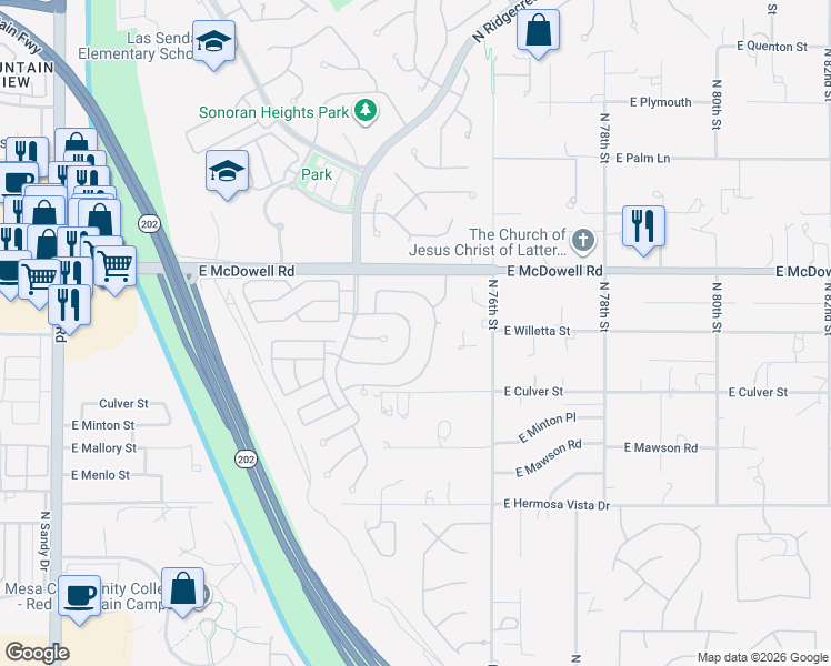 map of restaurants, bars, coffee shops, grocery stores, and more near 7447 East Norwood Street in Mesa