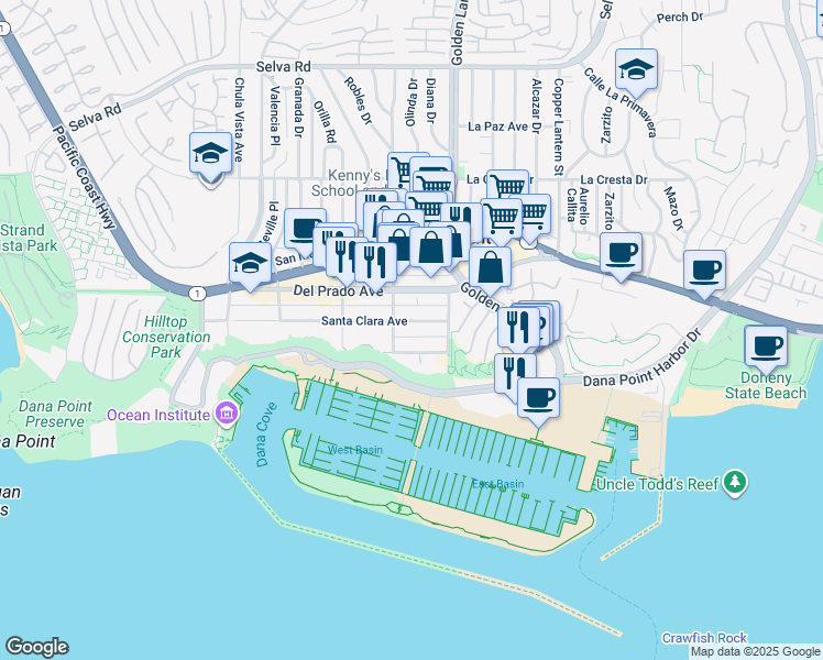 map of restaurants, bars, coffee shops, grocery stores, and more near 24642 Santa Clara Avenue in Dana Point