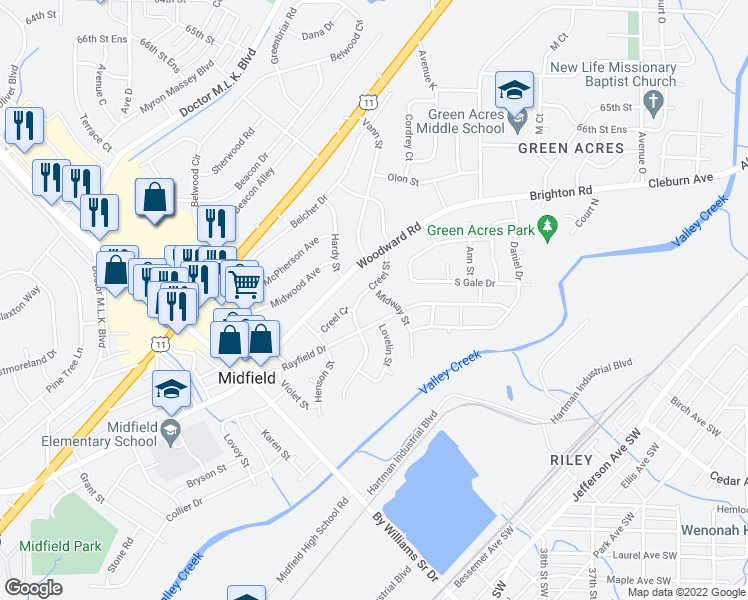 map of restaurants, bars, coffee shops, grocery stores, and more near 404 Midway Street in Birmingham