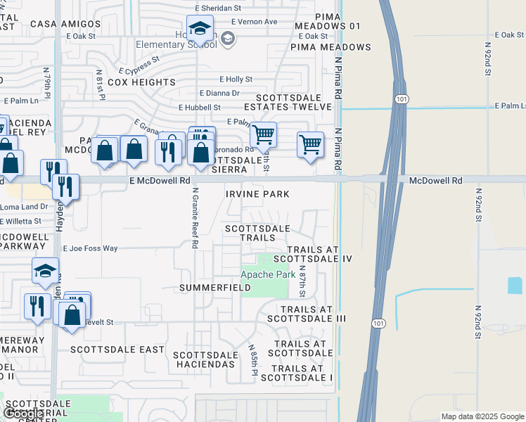 map of restaurants, bars, coffee shops, grocery stores, and more near 1151 East Belleview Place in Scottsdale