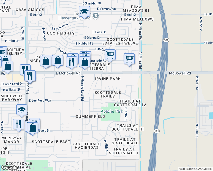 map of restaurants, bars, coffee shops, grocery stores, and more near 1151 East Belleview Place in Scottsdale