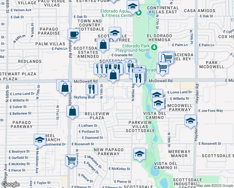 map of restaurants, bars, coffee shops, grocery stores, and more near 7511 East Culver Street in Scottsdale